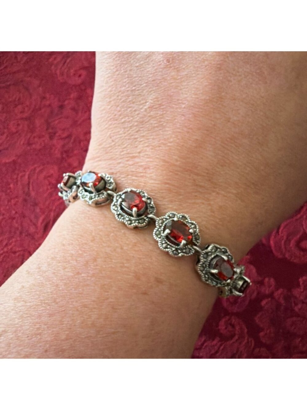 Vintage DBJ 925 Sterling Silver Red Garnet Marcasite Link Tennis Bracelet 8"
